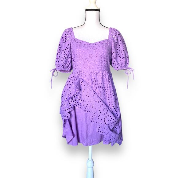 English Factory Scallop Edge Mini Dress Sz S Lavender Purple Puffy Sleeves NWT - Picture 12 of 16